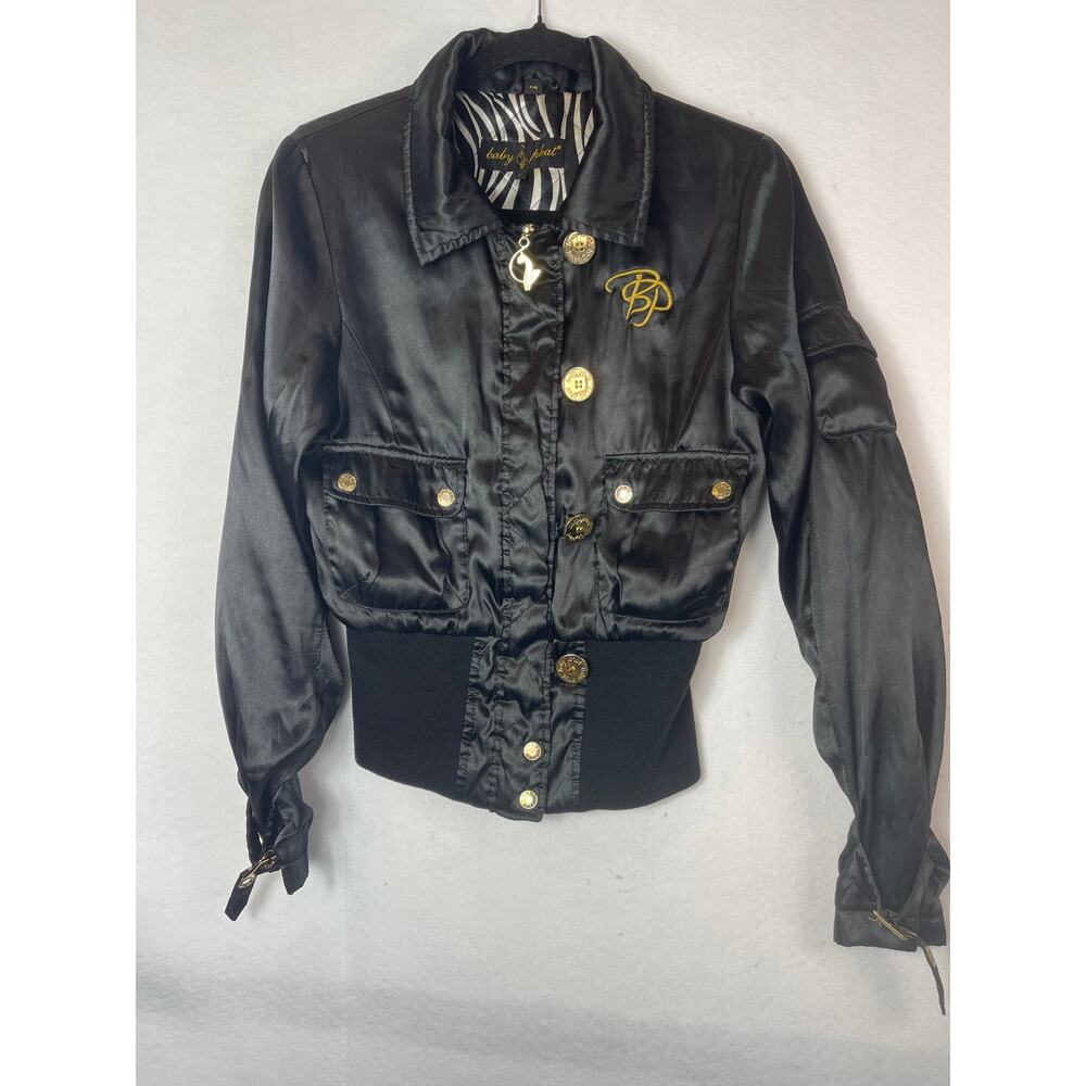Baby Phat Black Cropped Slim Fit Satin Bomber Coat Jacket S Style Y2K